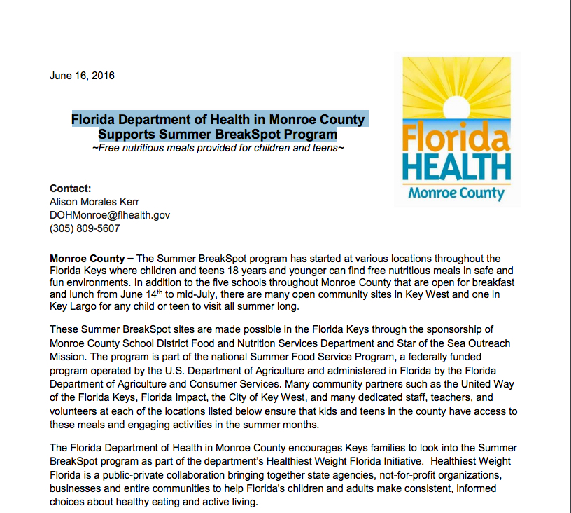 Florida Department of Health in Monroe County Supports Summer BreakSpot Program